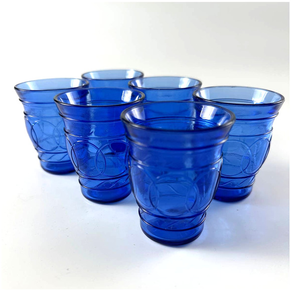 Vintage Hazel Atlas Ring O Rings Cobalt Blue Shot Juice Cordial Glasses Tumblers - Picture 1 of 12